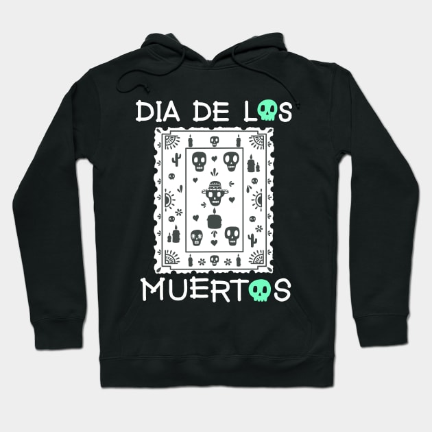 Dia De Los Muertos -  White and Green - Papel Picado - Black skulls Hoodie by Scriptnbones